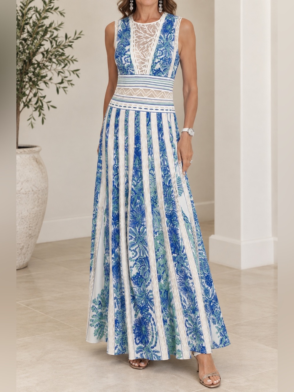 Roberto Cavalli White Maxi Dress with Blue & Green Floral Stripes